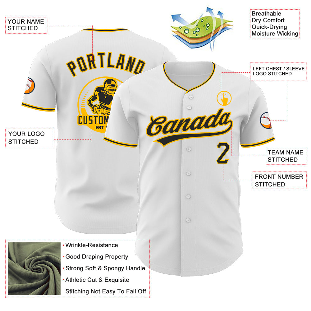 Custom White Black-Gold Authentic Baseball Jersey