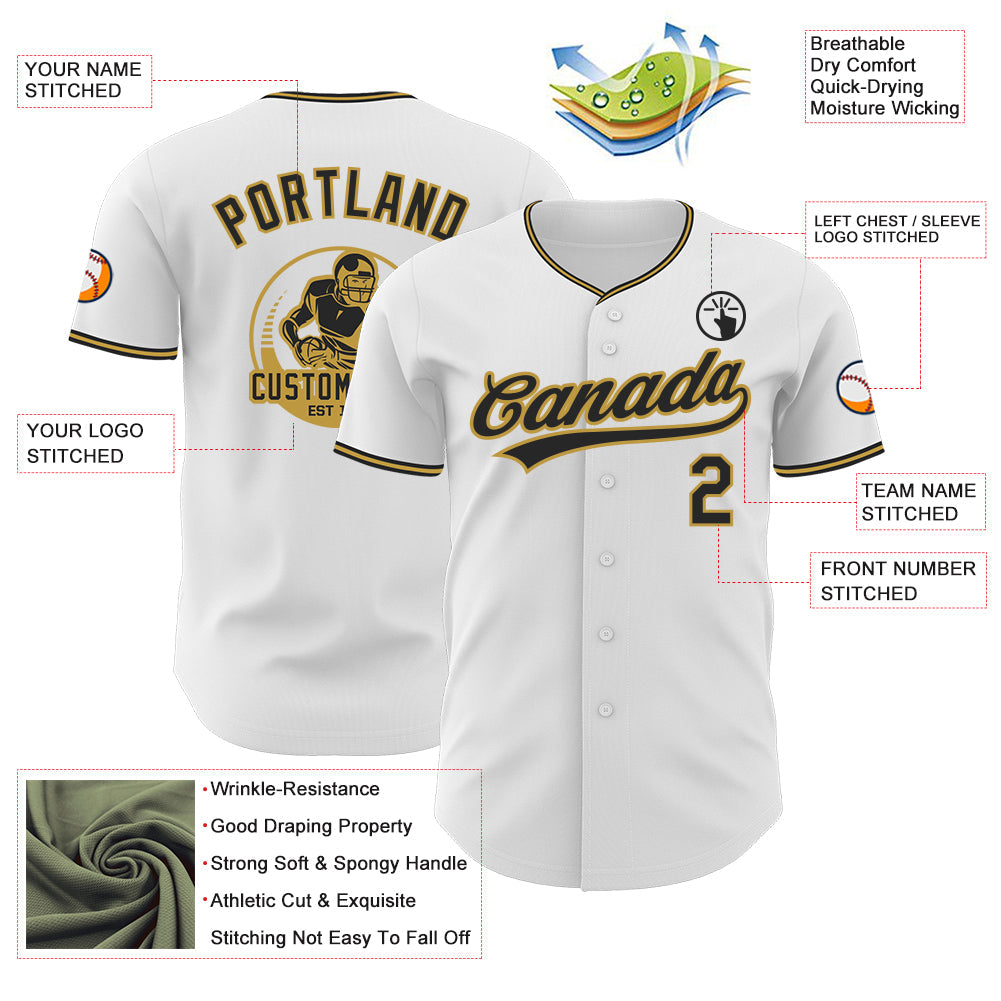 Custom White Black-Old Gold Authentic Baseball Jersey