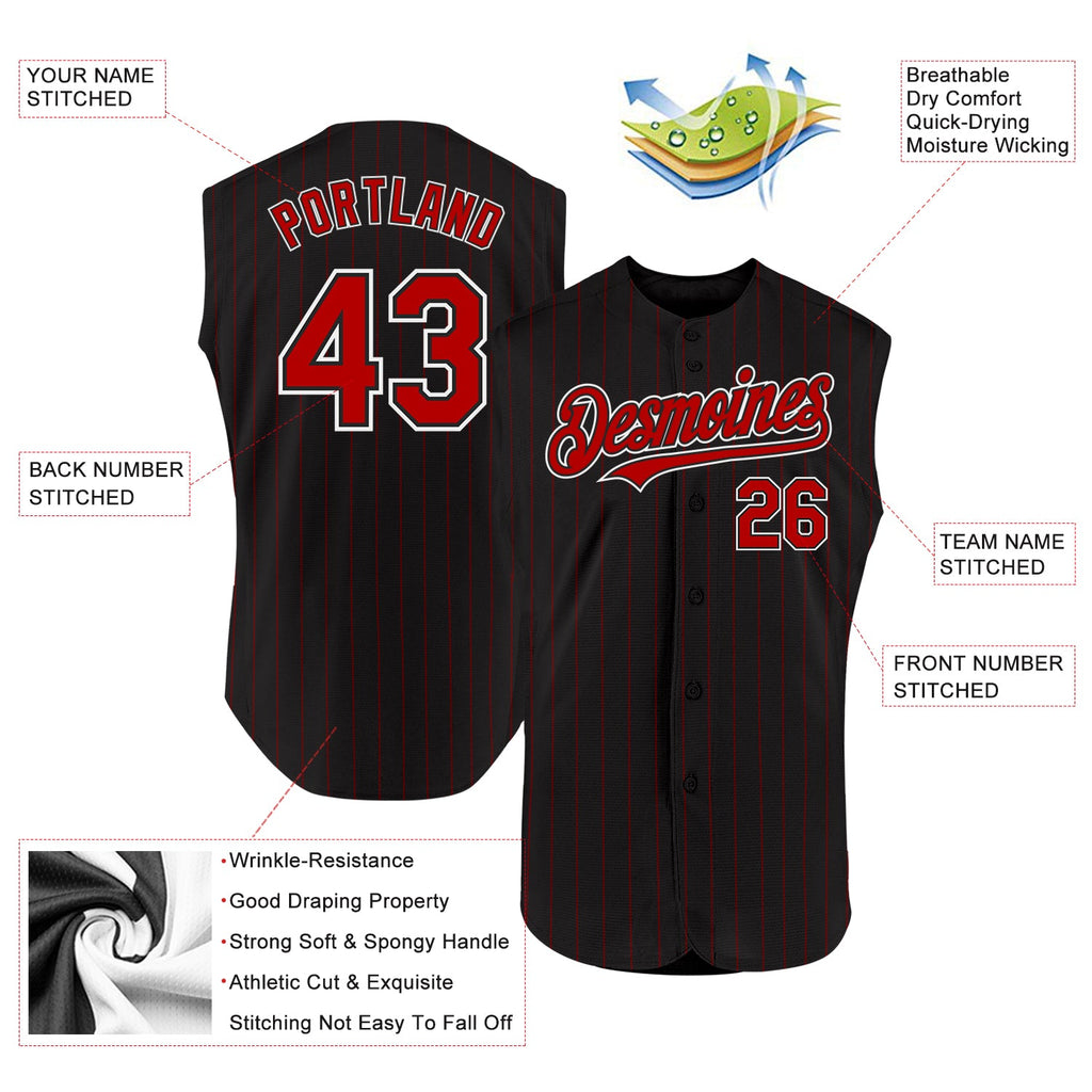 Custom Black Red Pinstripe White Authentic Sleeveless Baseball Jersey