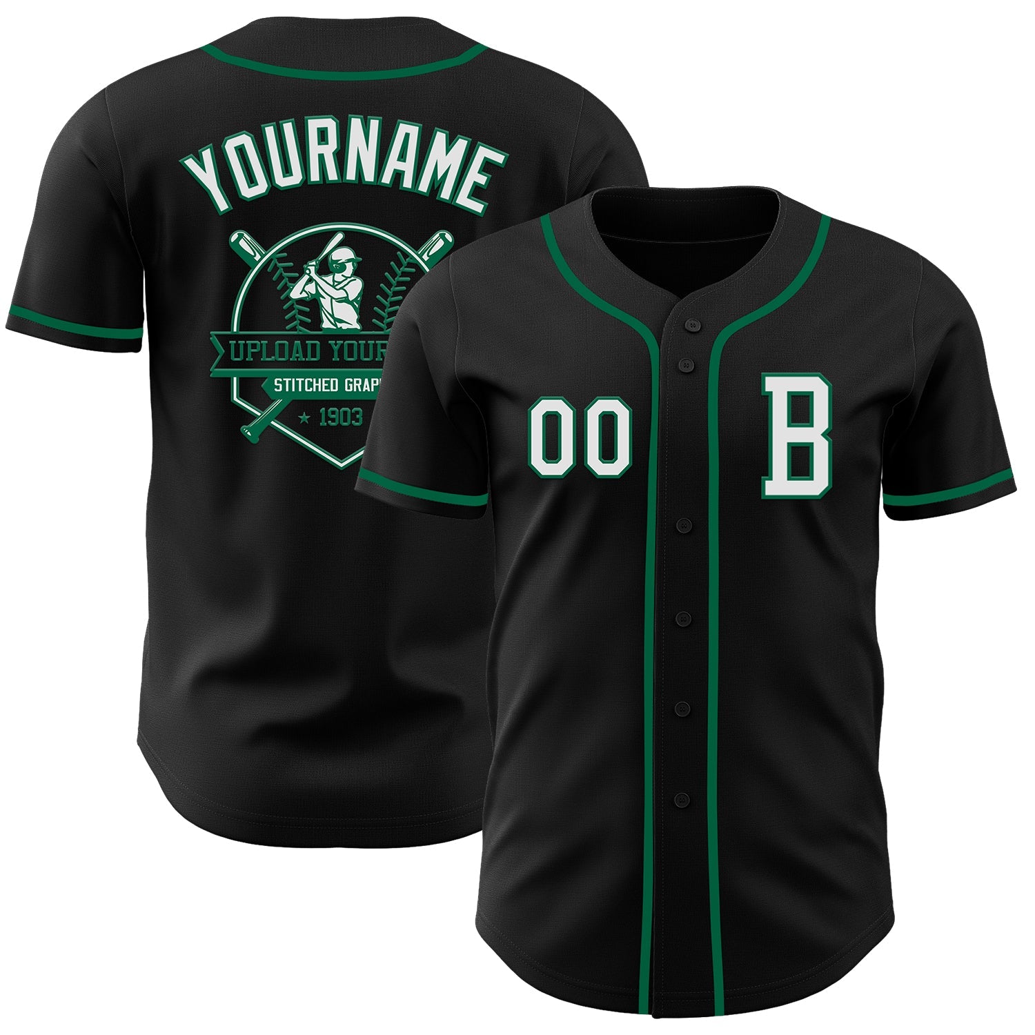Custom Black White-Kelly Green Authentic Baseball Jersey