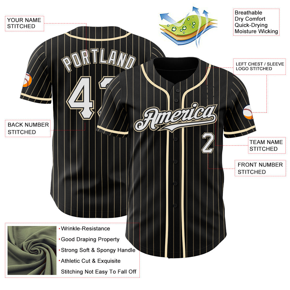Custom Black Cream Pinstripe White Authentic Baseball Jersey