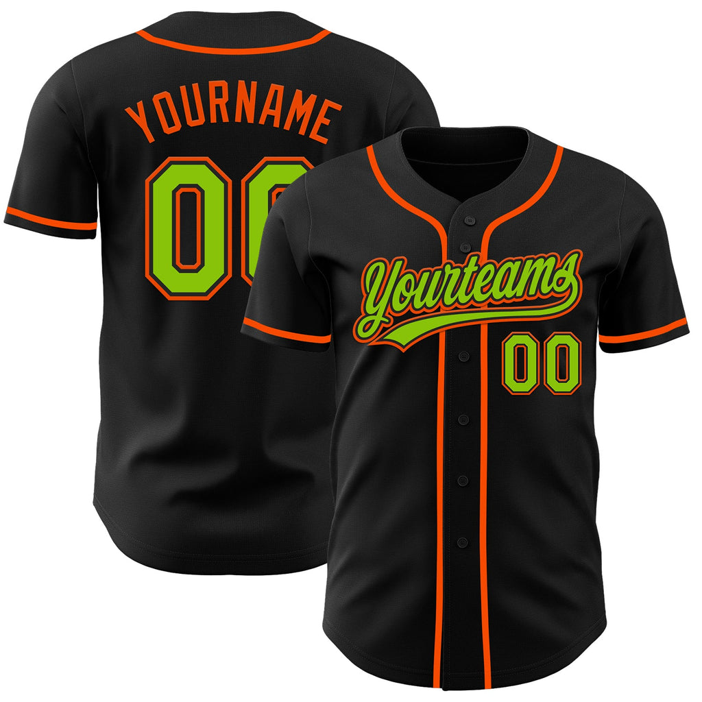 Custom Black Neon Green-Orange Authentic Baseball Jersey