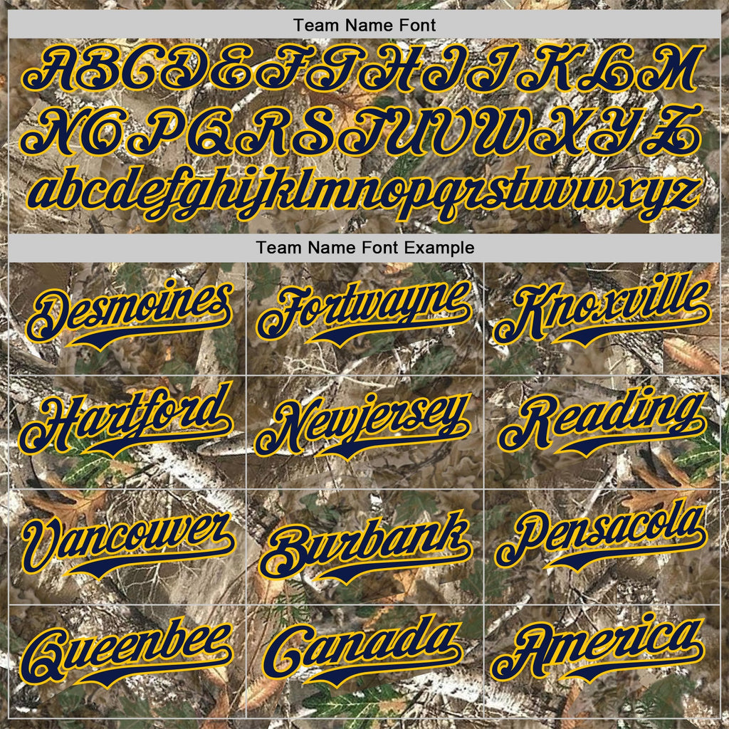 Custom Camo Navy-Yellow Woodland Forest Camouflage Authentic Salute To Service Baseball Jersey