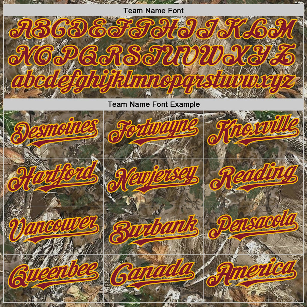 Custom Camo Crimson-Gold Woodland Forest Camouflage Authentic Salute To Service Baseball Jersey