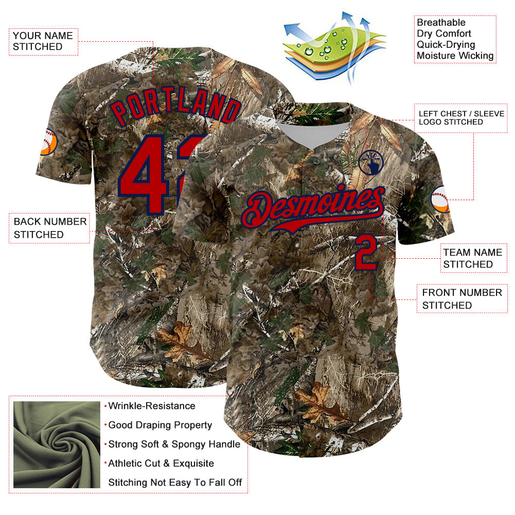 Custom Camo Red-Navy Woodland Forest Camouflage Authentic Salute To Service Baseball Jersey
