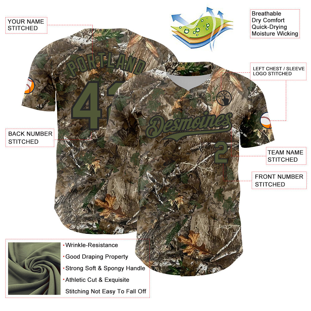 Custom Camo Olive-Black Woodland Forest Camouflage Authentic Salute To Service Baseball Jersey