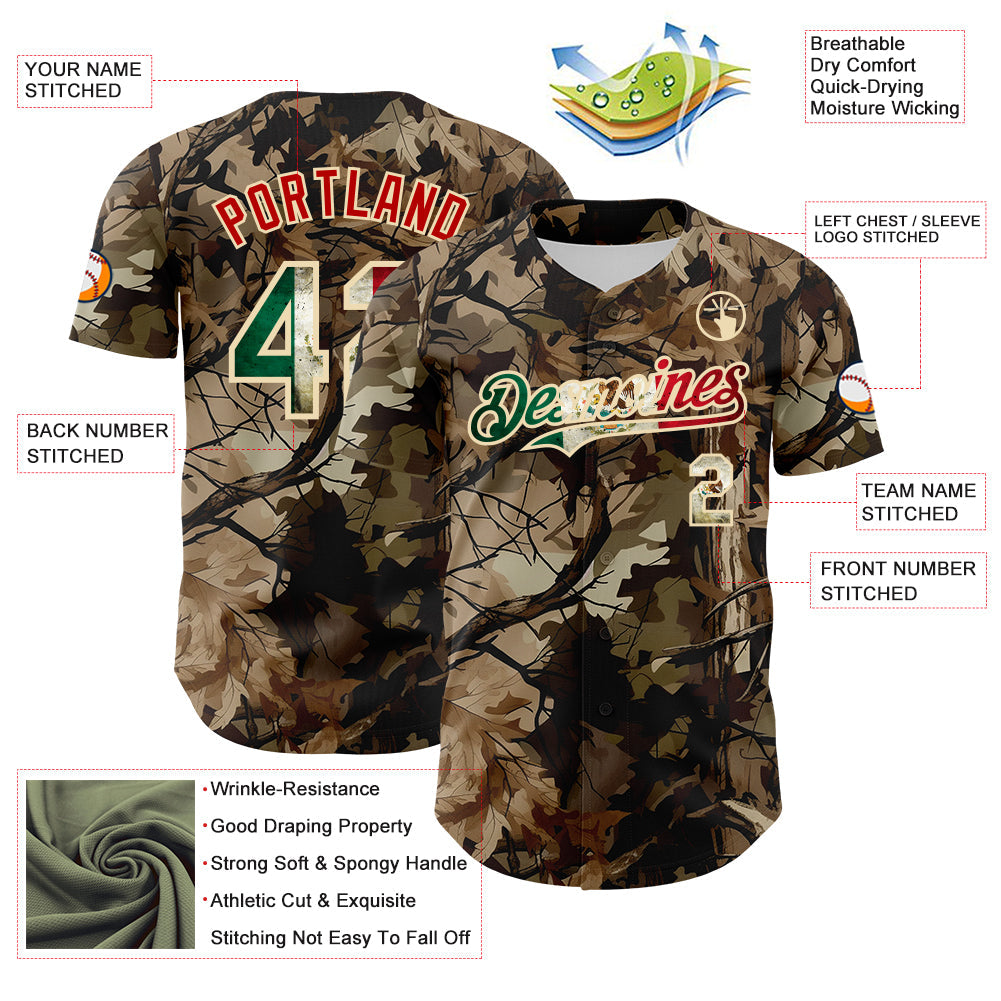Custom Camo Vintage Mexican Flag Cream-Red Woodland Forest Tactical Camouflage Outdoor Leaf Authentic Baseball Jersey