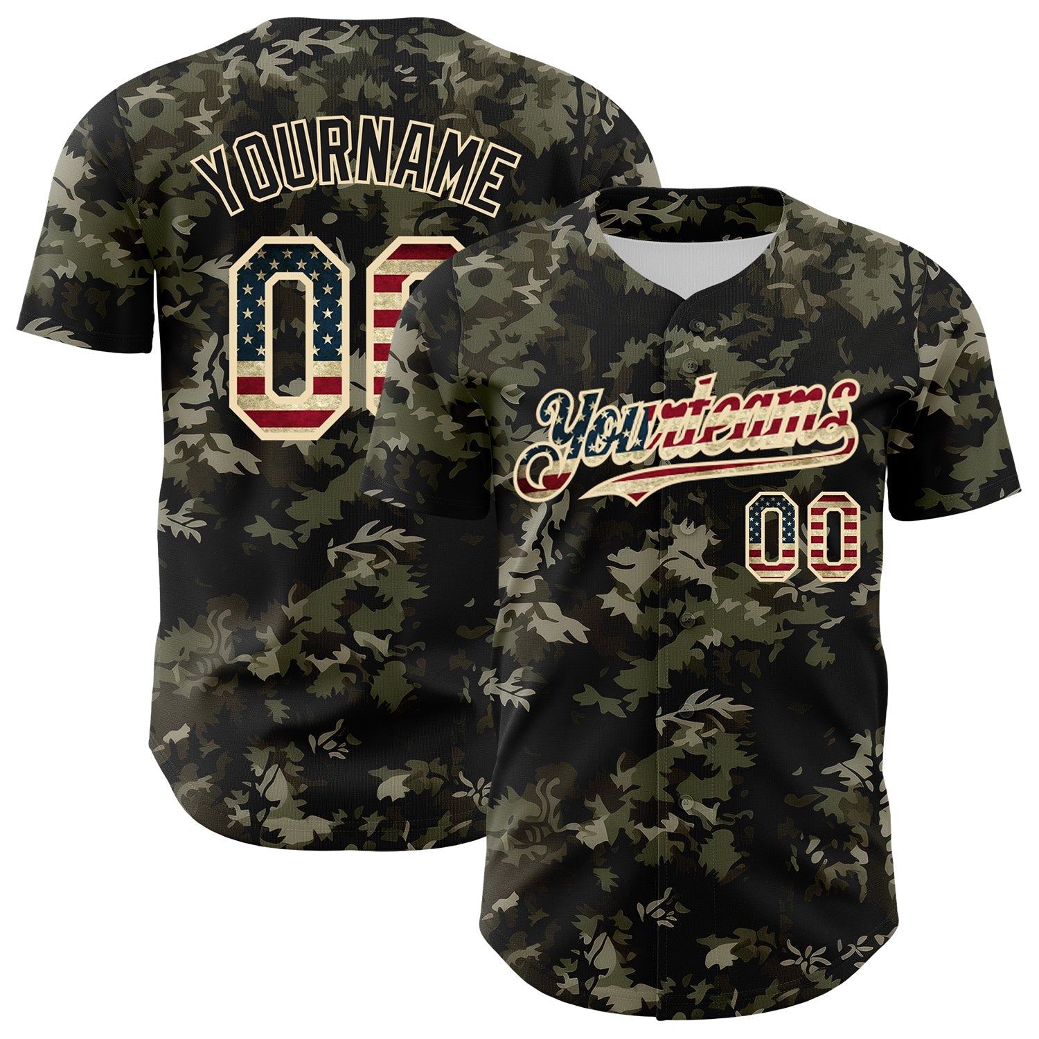 Custom Camo Vintage USA Flag Cream-Black Woodland Forest Tactical Camouflage Outdoor Leaf Authentic Baseball Jersey