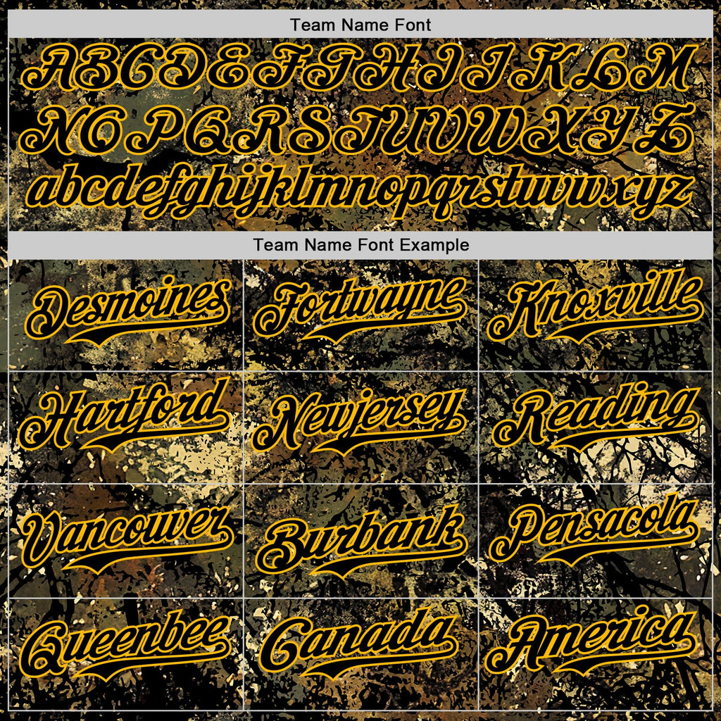 Custom Camo Black-Gold Woodland Forest Tactical Camouflage Outdoor Leaf Authentic Baseball Jersey
