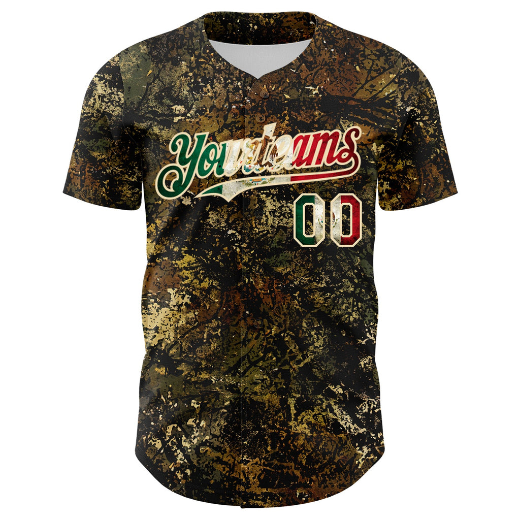 Custom Camo Vintage Mexican Flag Cream-Black Woodland Forest Tactical Camouflage Outdoor Leaf Authentic Baseball Jersey