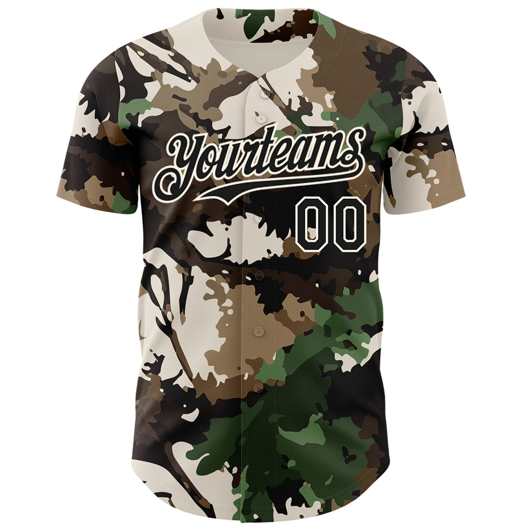 Custom Camo Black-Cream Woodland Forest Tactical Camouflage Outdoor Leaf Authentic Baseball Jersey