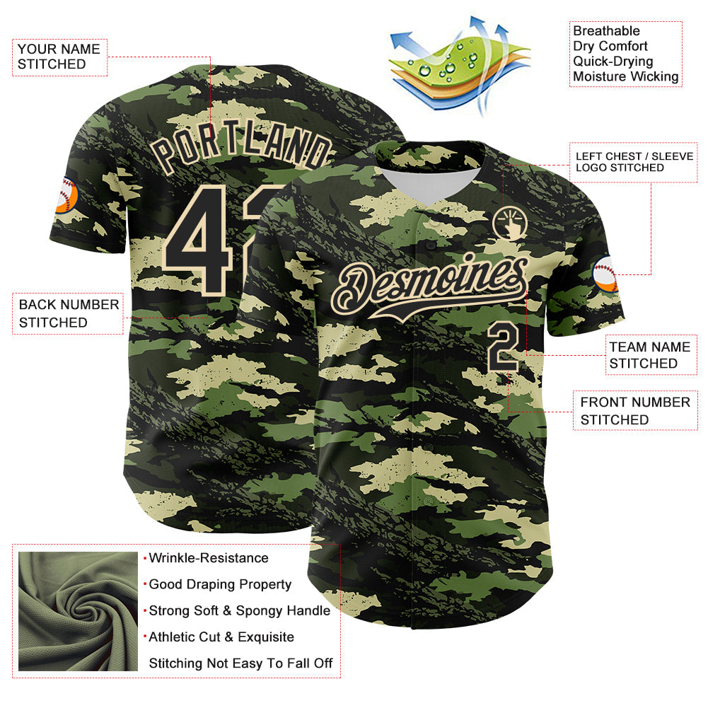 Custom Camo Black-Cream Woodland Forest Tactical Camouflage Outdoor Leaf Authentic Baseball Jersey