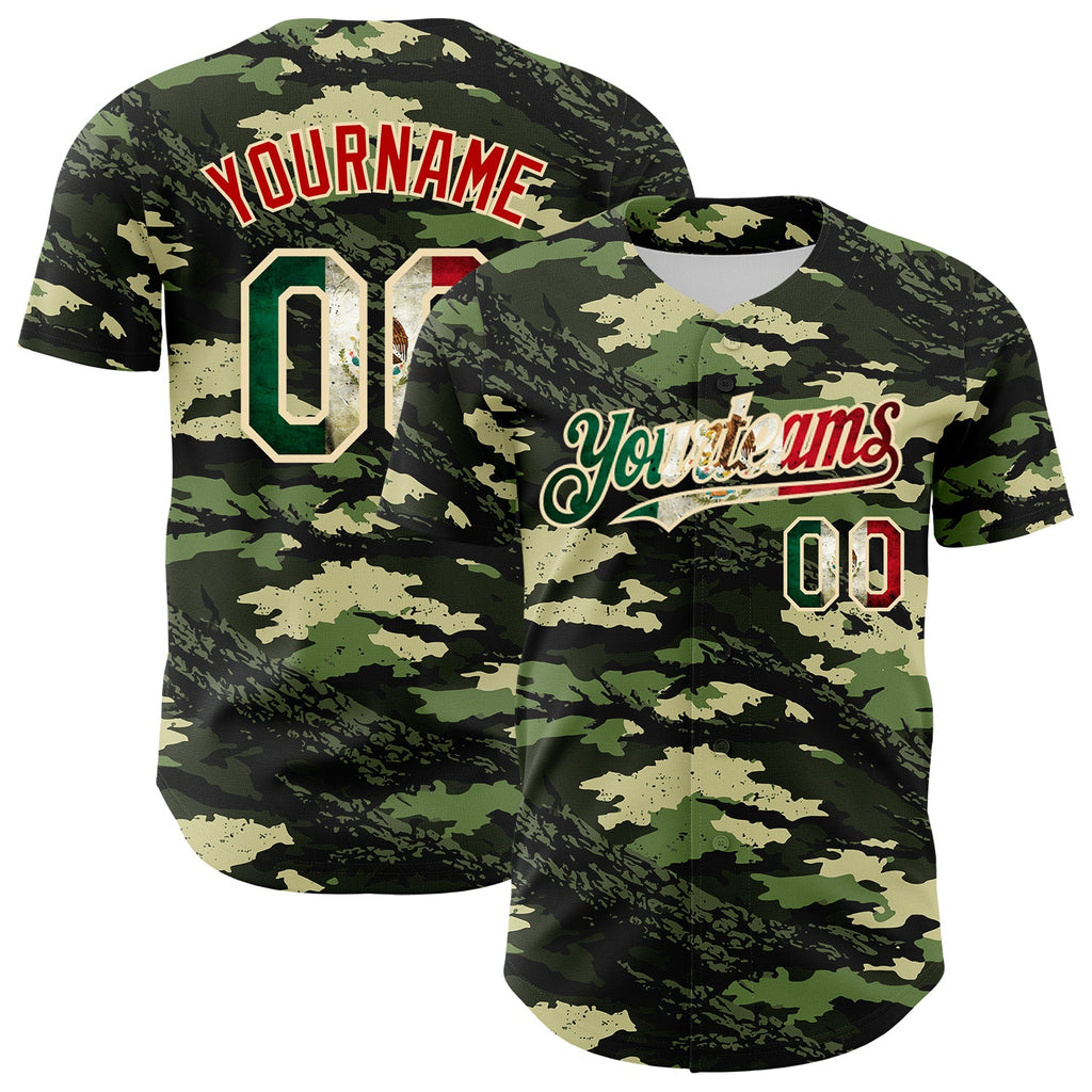 Custom Camo Vintage Mexican Flag Cream-Red Woodland Forest Tactical Camouflage Outdoor Leaf Authentic Baseball Jersey