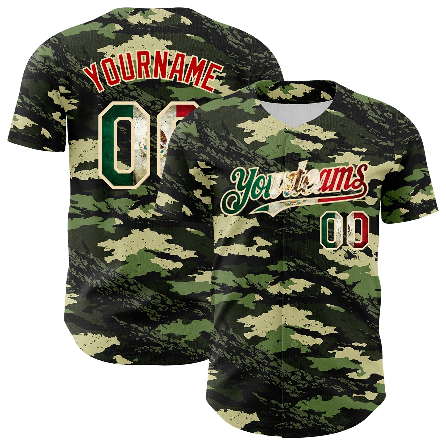 Custom Camo Vintage Mexican Flag Cream-Red Woodland Forest Tactical Camouflage Outdoor Leaf Authentic Baseball Jersey