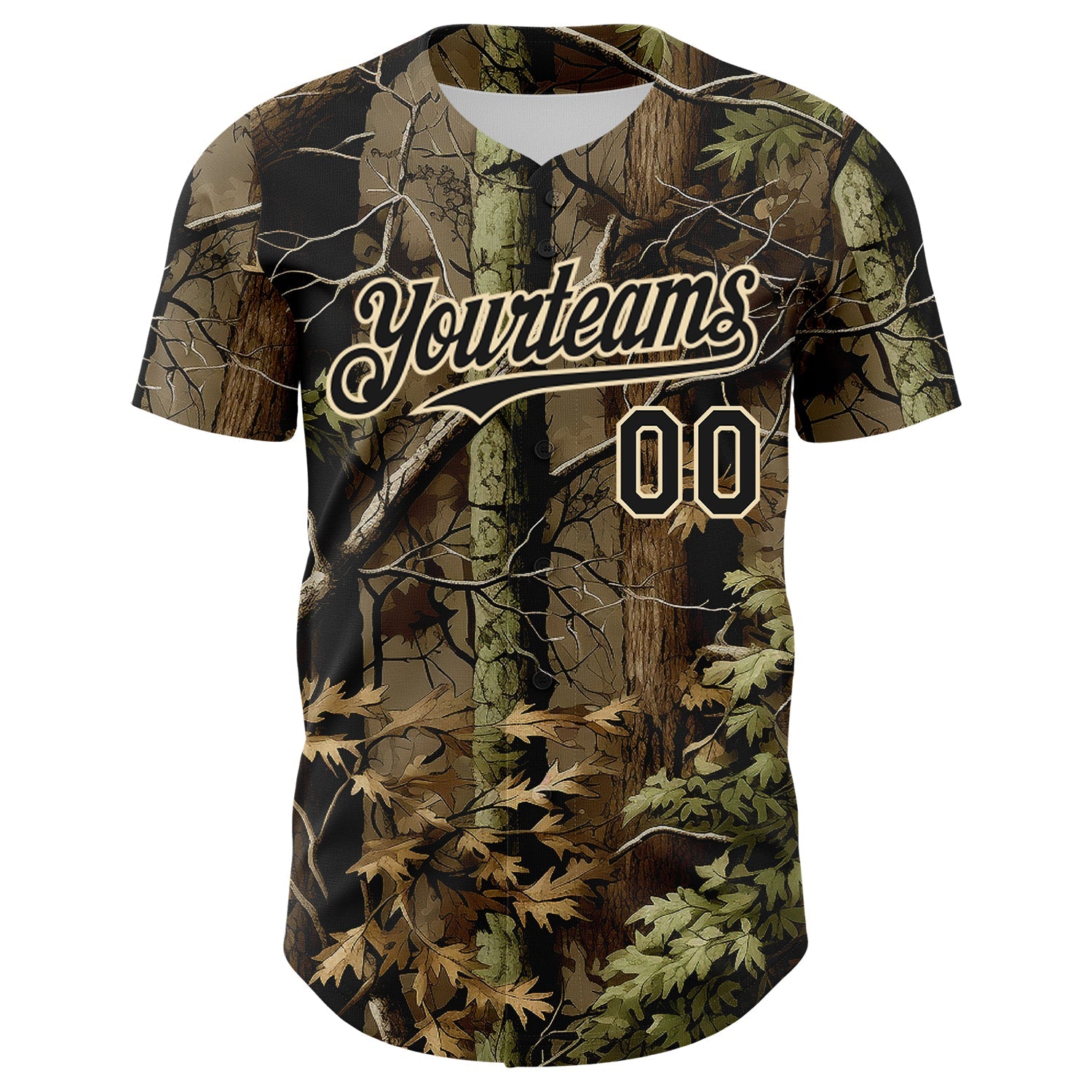Custom Camo Black-Cream Woodland Forest Tactical Camouflage Outdoor Leaf Authentic Baseball Jersey