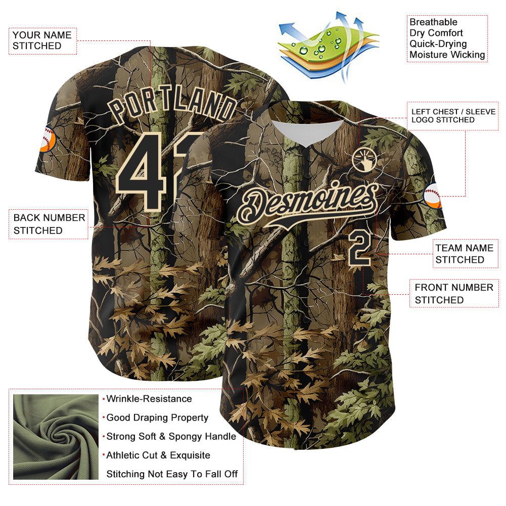 Custom Camo Black-Cream Woodland Forest Tactical Camouflage Outdoor Leaf Authentic Baseball Jersey