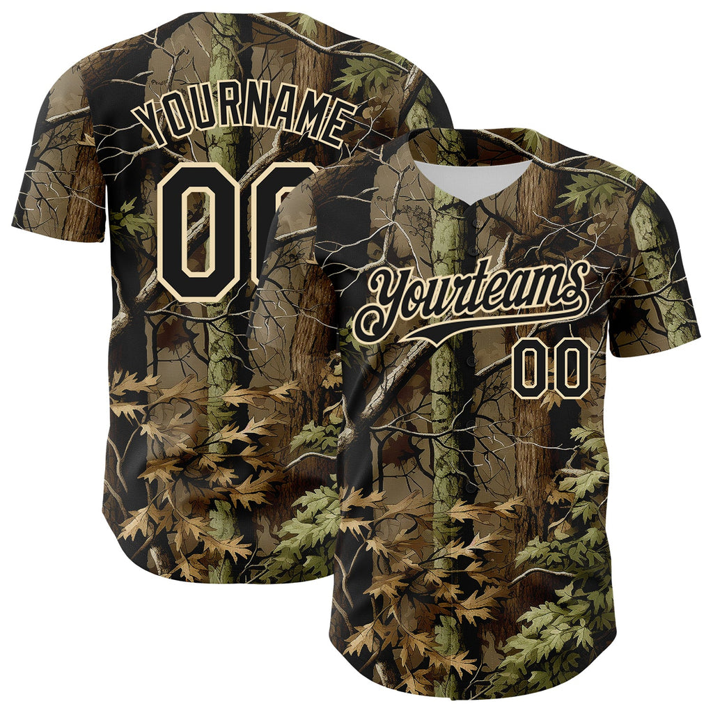 Custom Camo Black-Cream Woodland Forest Tactical Camouflage Outdoor Leaf Authentic Baseball Jersey