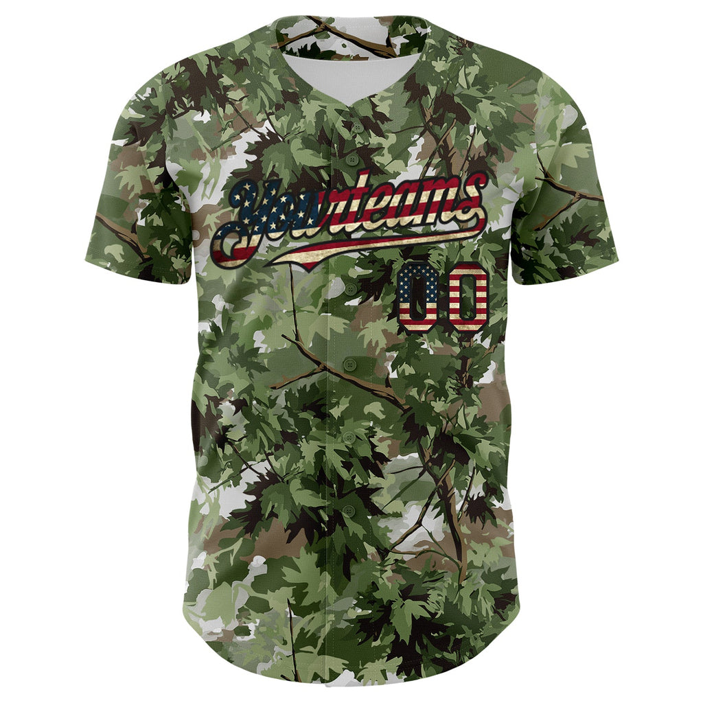 Custom Camo Vintage USA Flag Black-Crimson Woodland Forest Tactical Camouflage Outdoor Leaf Authentic Baseball Jersey