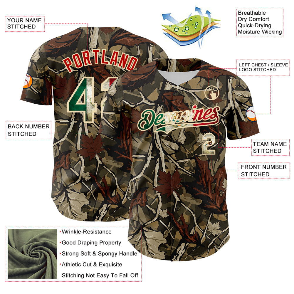 Custom Camo Vintage Mexican Flag Cream-Red Woodland Forest Tactical Camouflage Outdoor Leaf Authentic Baseball Jersey