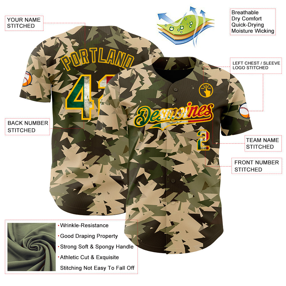 Custom Camo Vintage Mexican Flag Cream Gold-Olive Woodland Geometric Camouflage Authentic Baseball Jersey
