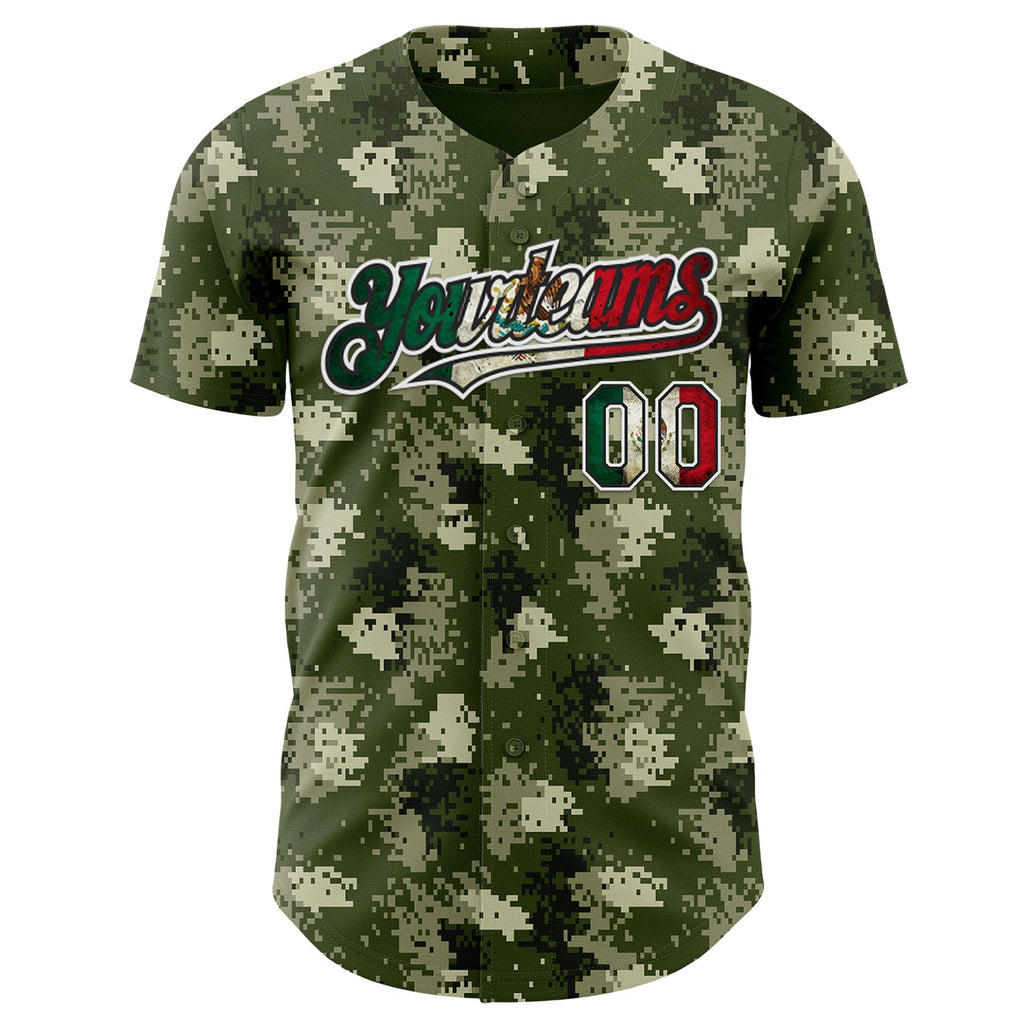 Custom Camo Vintage Mexican Flag Black White-Fire Red Digital Camouflage Authentic Baseball Jersey