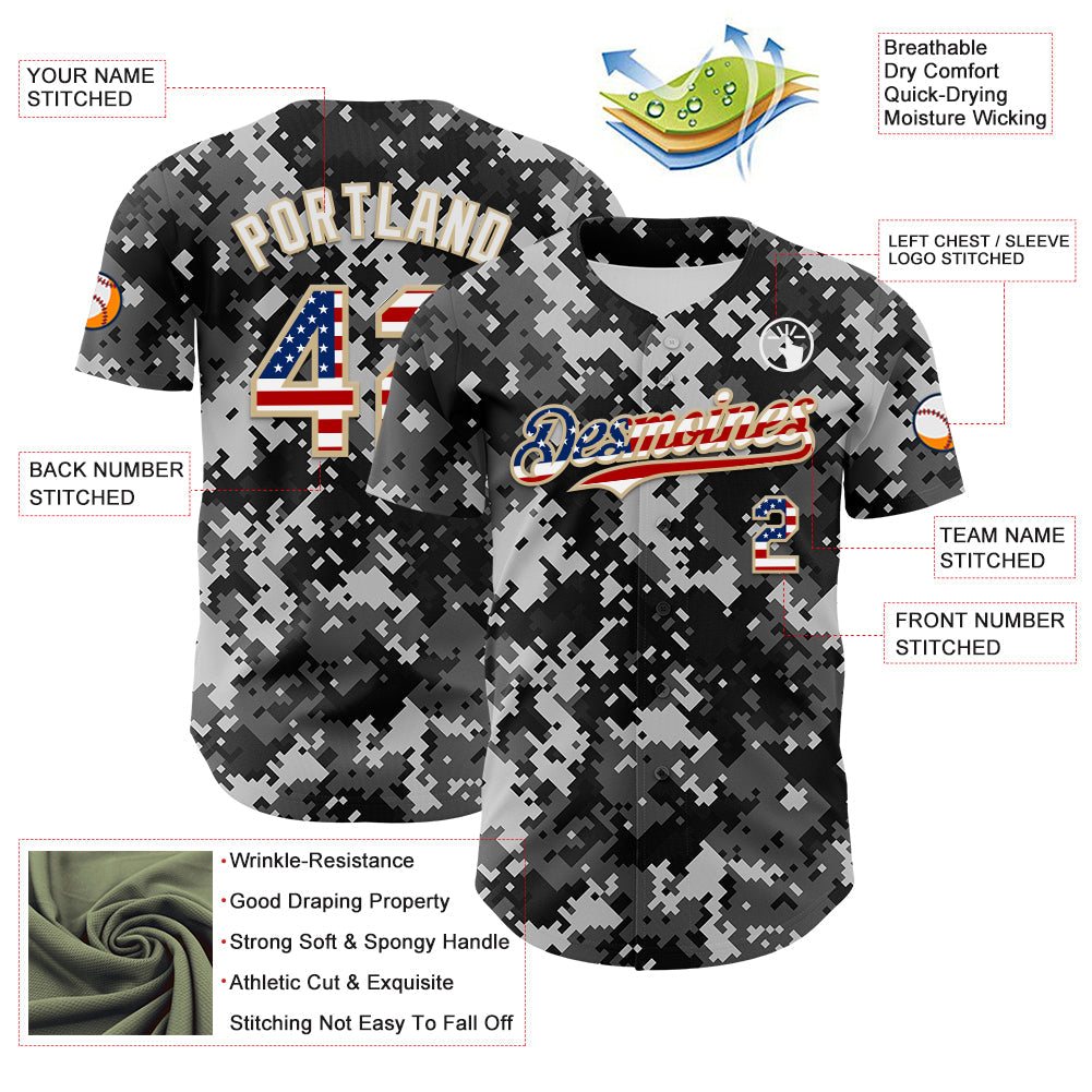 Custom Camo USA Flag Vegas Gold-White Digital Camouflage Authentic Baseball Jersey