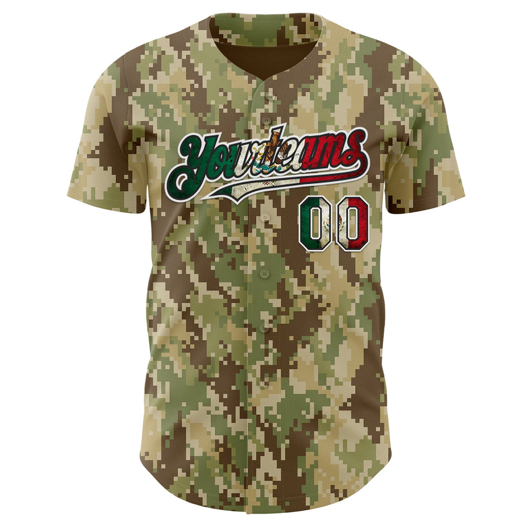 Custom Camo Vintage Mexican Flag Black White-Fire Red Digital Camouflage Authentic Baseball Jersey