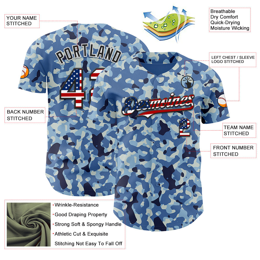 Custom Camo USA Flag Black-White Blue Ocean Camouflage Authentic Baseball Jersey