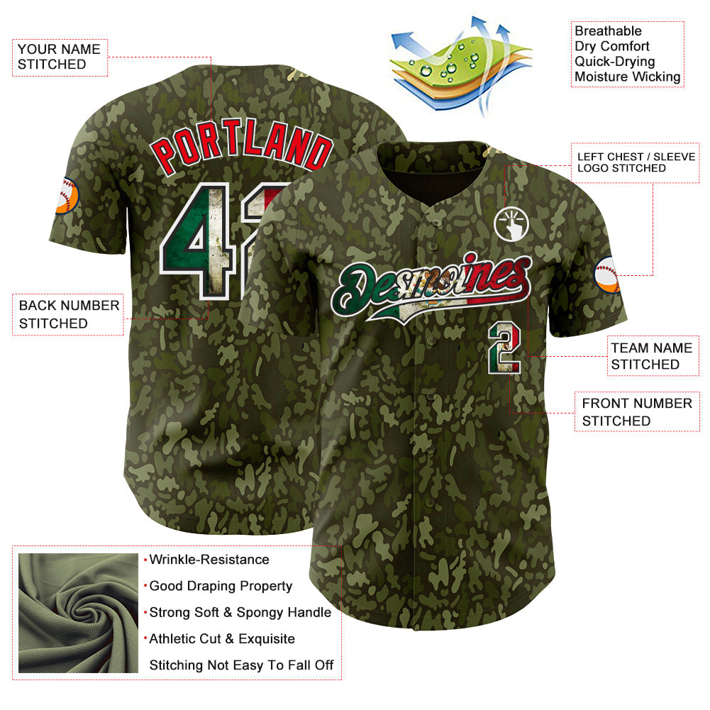 Custom Camo Vintage Mexican Flag Black White-Fire Red Woodland Camouflage Outdoor Authentic Baseball Jersey