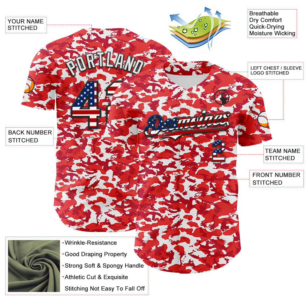Custom Camo USA Flag Black-White Red Camouflage Authentic Baseball Jersey