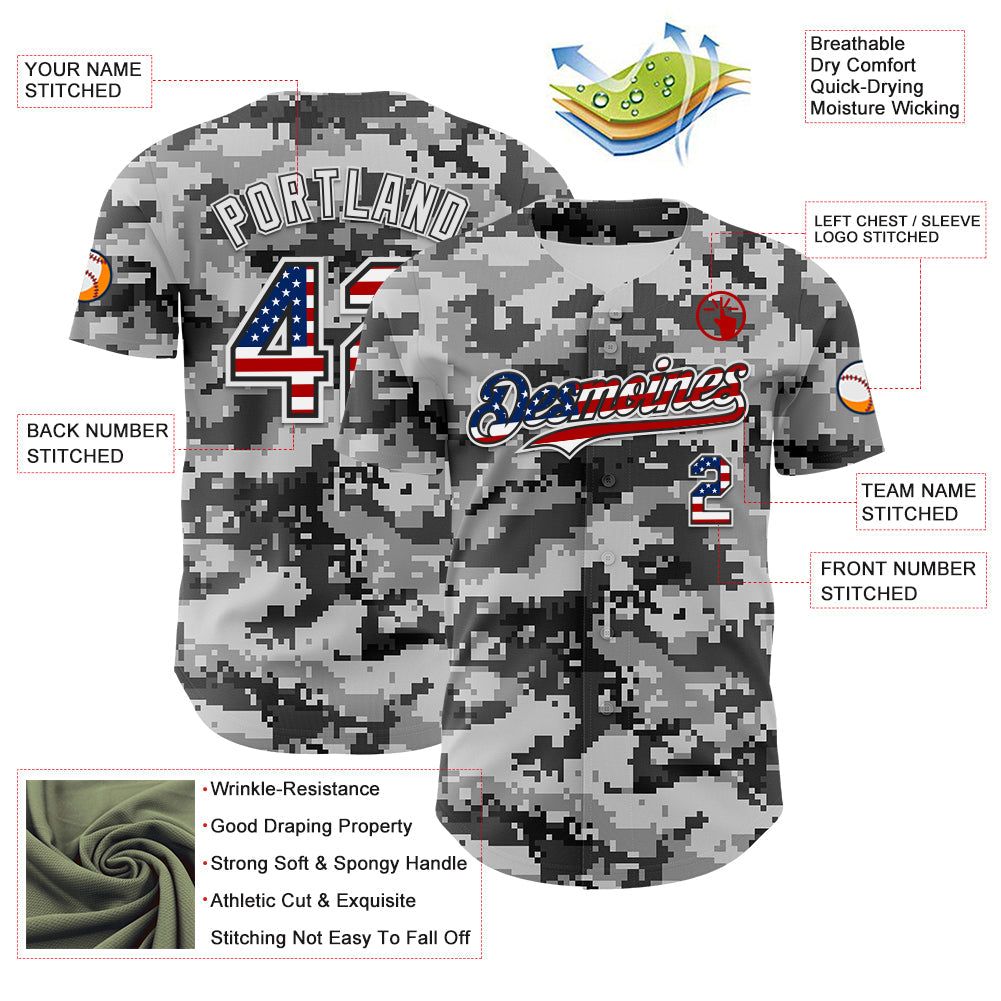 Custom Camo USA Flag Black-White Digital Camouflage Authentic Baseball Jersey