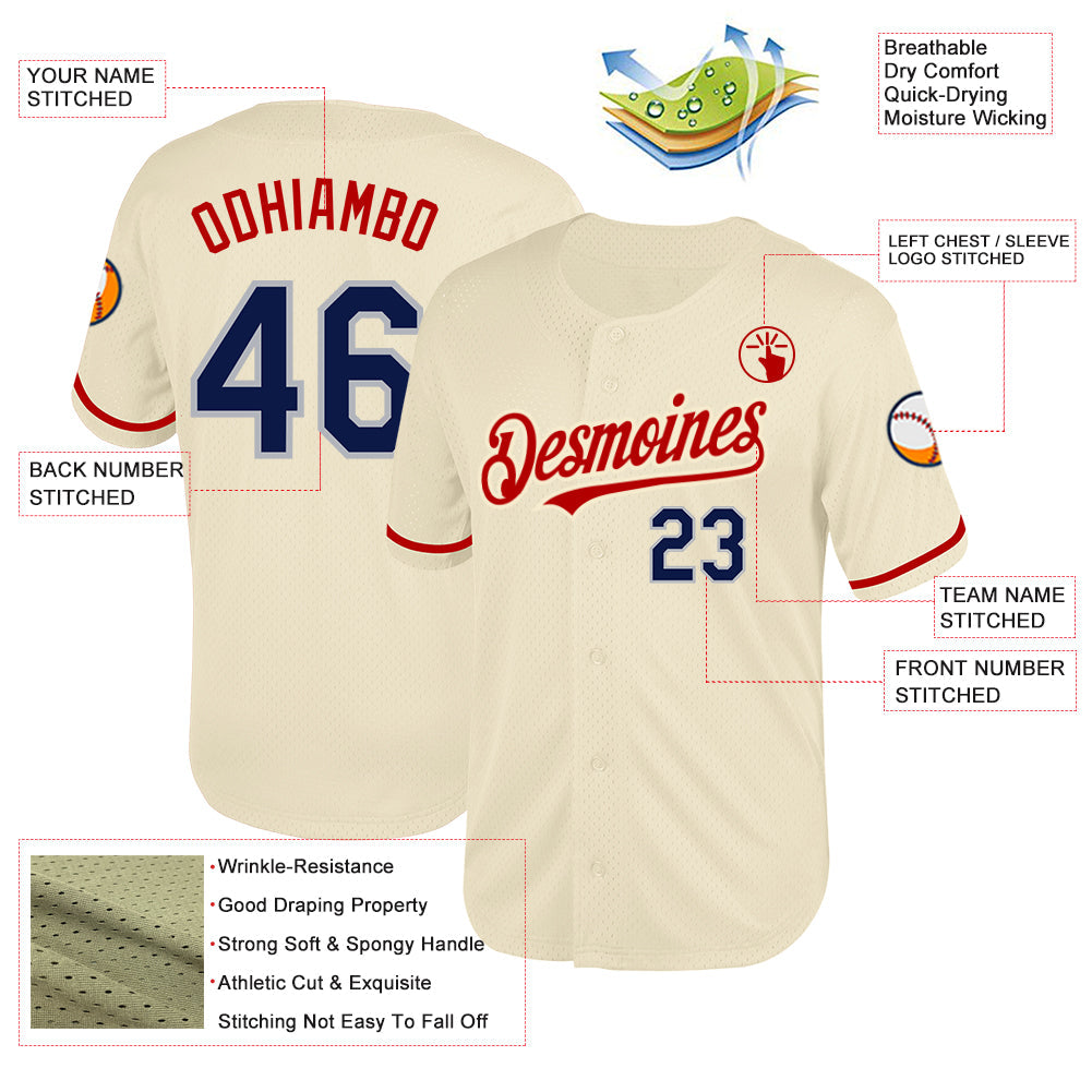 Custom Cream Navy Red-Gray Mesh Authentic Throwback Baseball Jersey