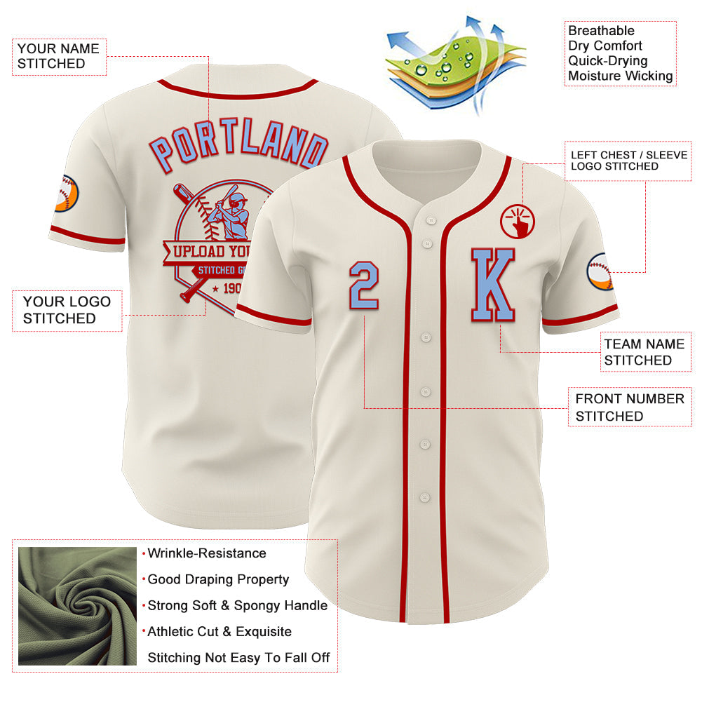 Custom Cream Light Blue-Red Authentic Baseball Jersey