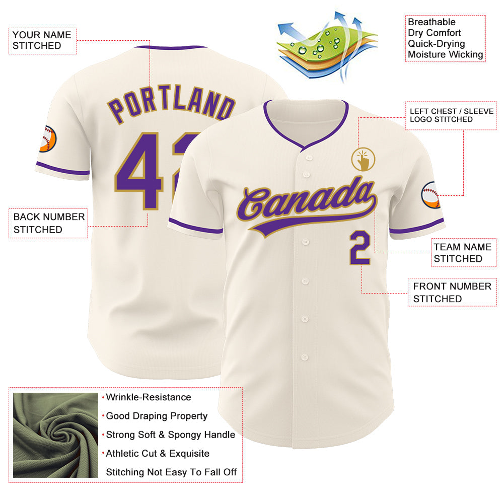 Custom Cream Purple-Old Gold Authentic Baseball Jersey