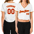 Custom Women's White Red-Gold V-Neck Cropped Baseball Jersey