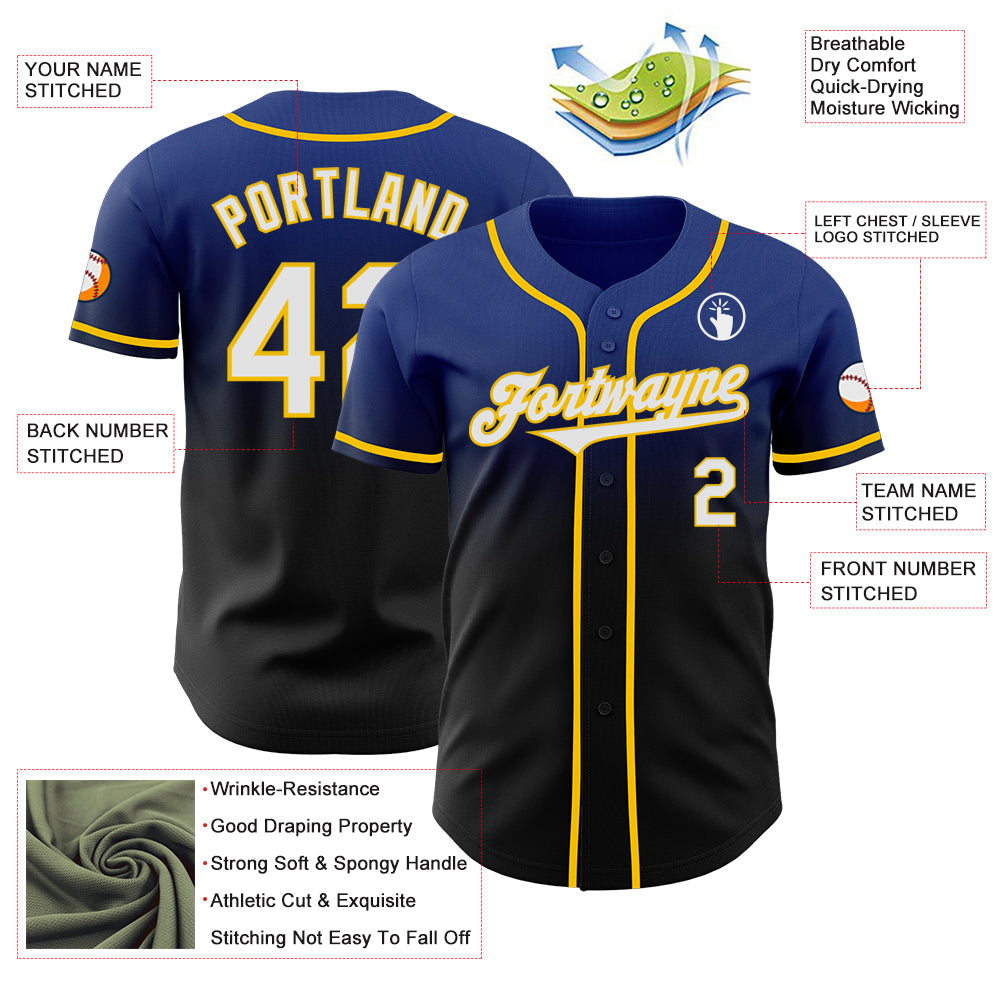 Custom Royal Black-Yellow Authentic Fade Fashion Baseball Jersey