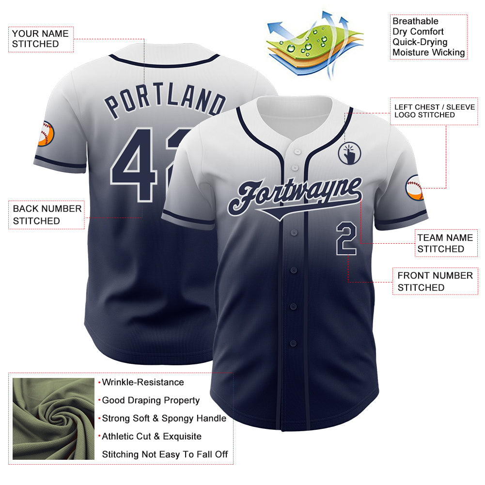 Custom White Navy Authentic Fade Fashion Baseball Jersey