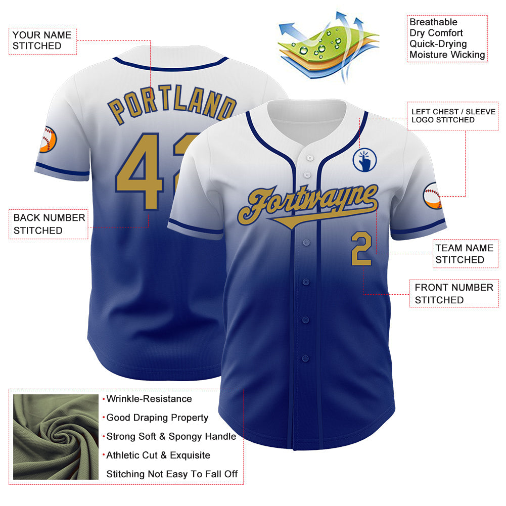 Custom White Old Gold-Royal Authentic Fade Fashion Baseball Jersey