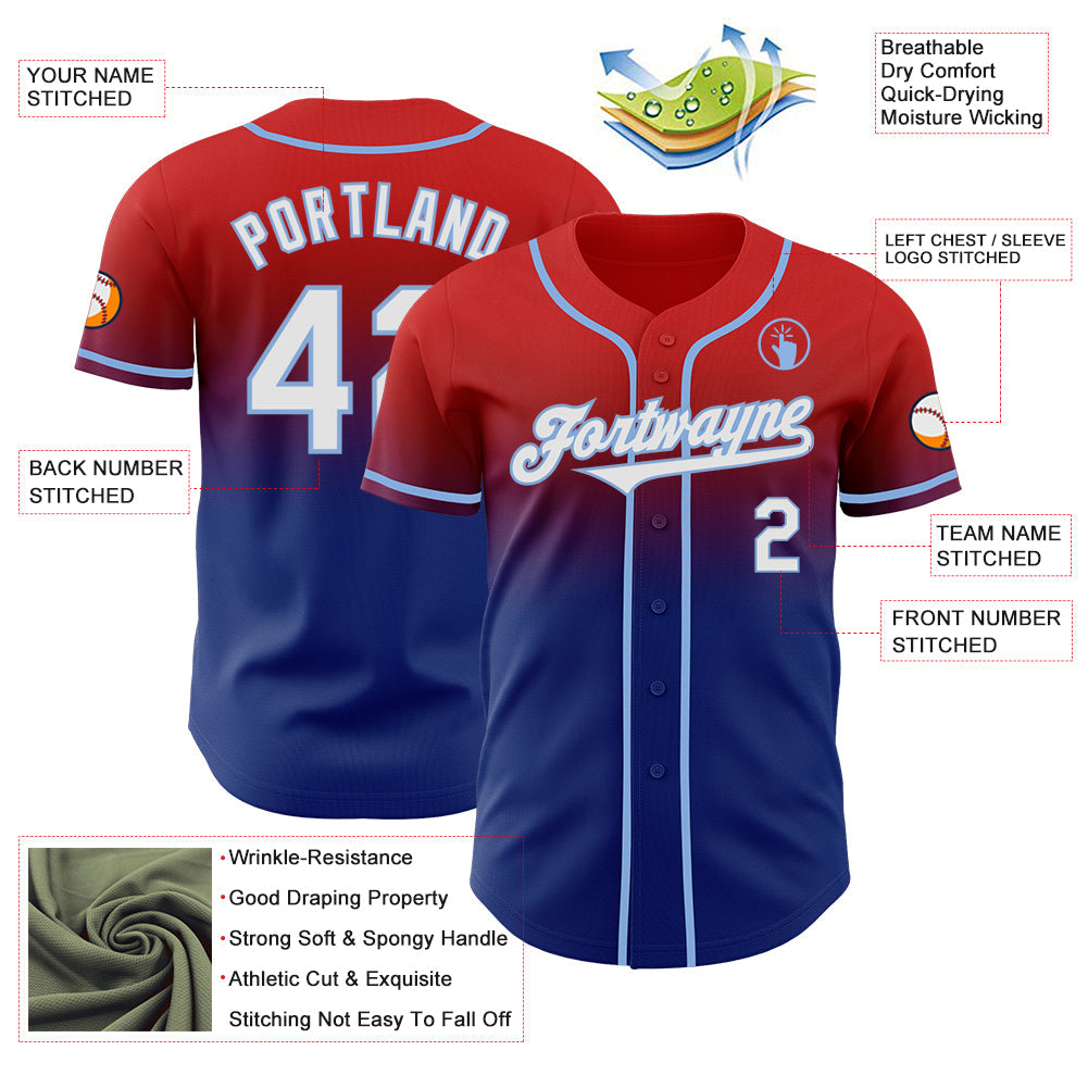 Custom Red White Royal-Light Blue Authentic Fade Fashion Baseball Jersey