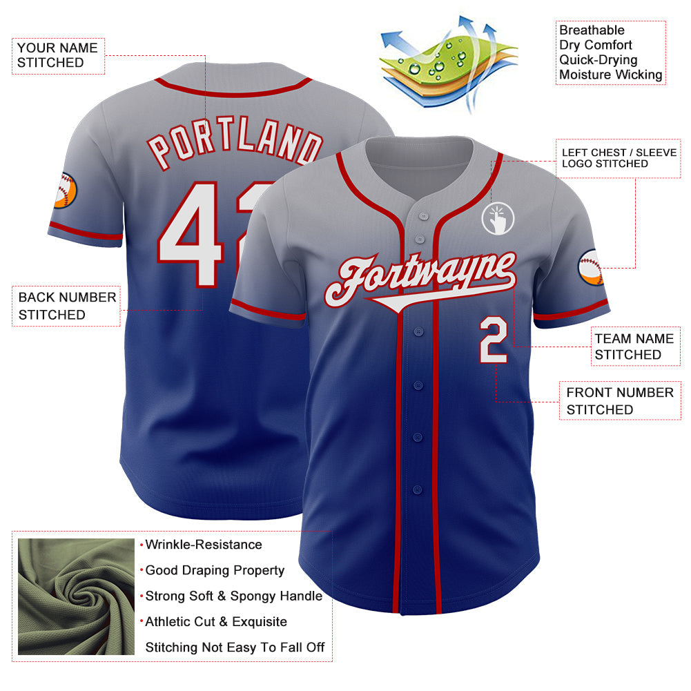 Custom Gray White Royal-Red Authentic Fade Fashion Baseball Jersey