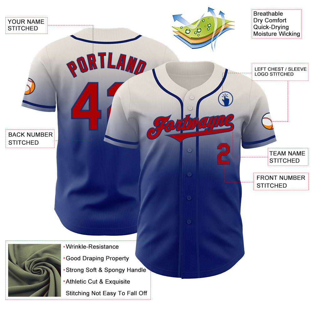 Custom Cream Red-Royal Authentic Fade Fashion Baseball Jersey