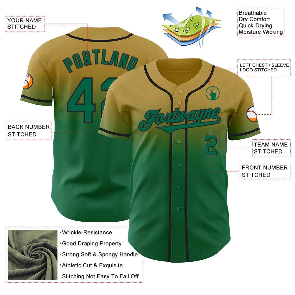 Custom Old Gold Kelly Green-Black Authentic Fade Fashion Baseball Jersey