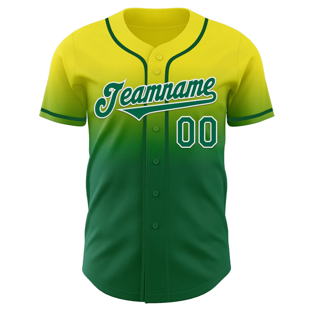 Custom Light Yellow Kelly Green-White Authentic Fade Fashion Baseball Jersey