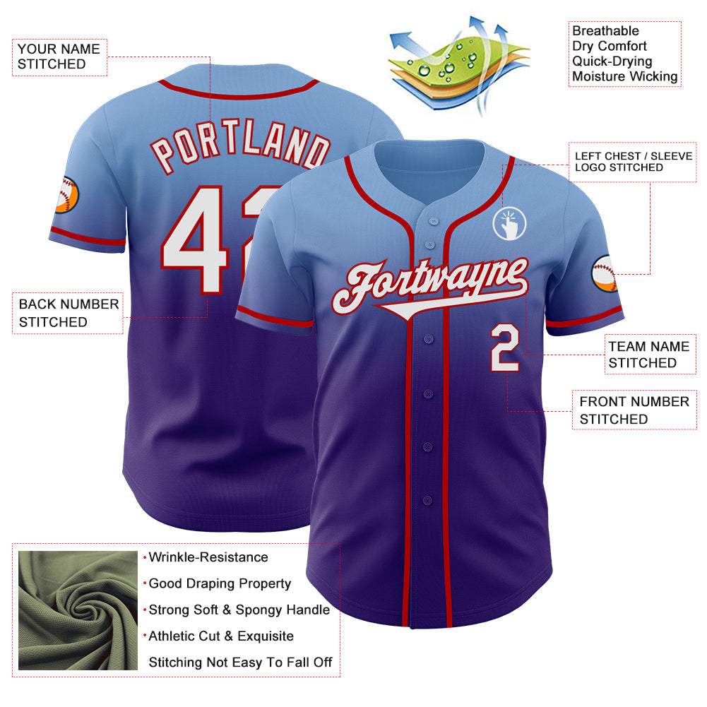 Custom Light Blue White Purple-Red Authentic Fade Fashion Baseball Jersey