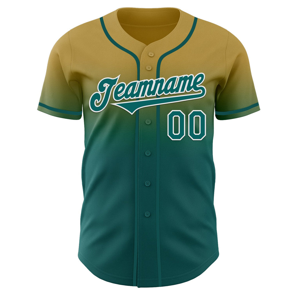 Custom Old Gold Teal-White Authentic Fade Fashion Baseball Jersey