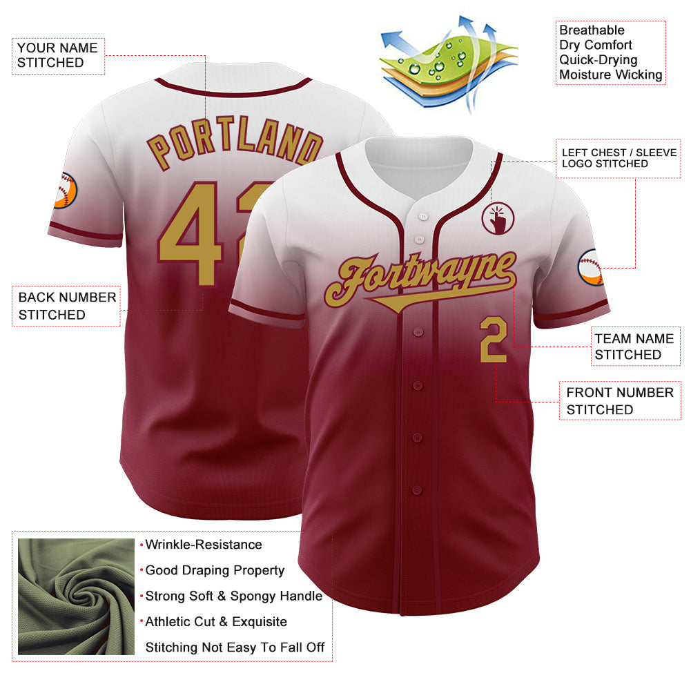Custom White Old Gold-Crimson Authentic Fade Fashion Baseball Jersey