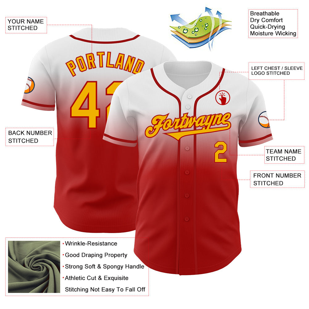 Custom White Gold-Red Authentic Fade Fashion Baseball Jersey
