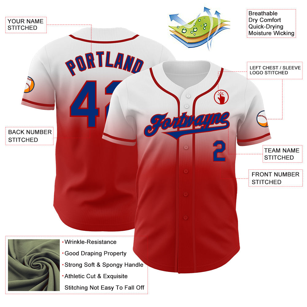 Custom White Royal-Red Authentic Fade Fashion Baseball Jersey