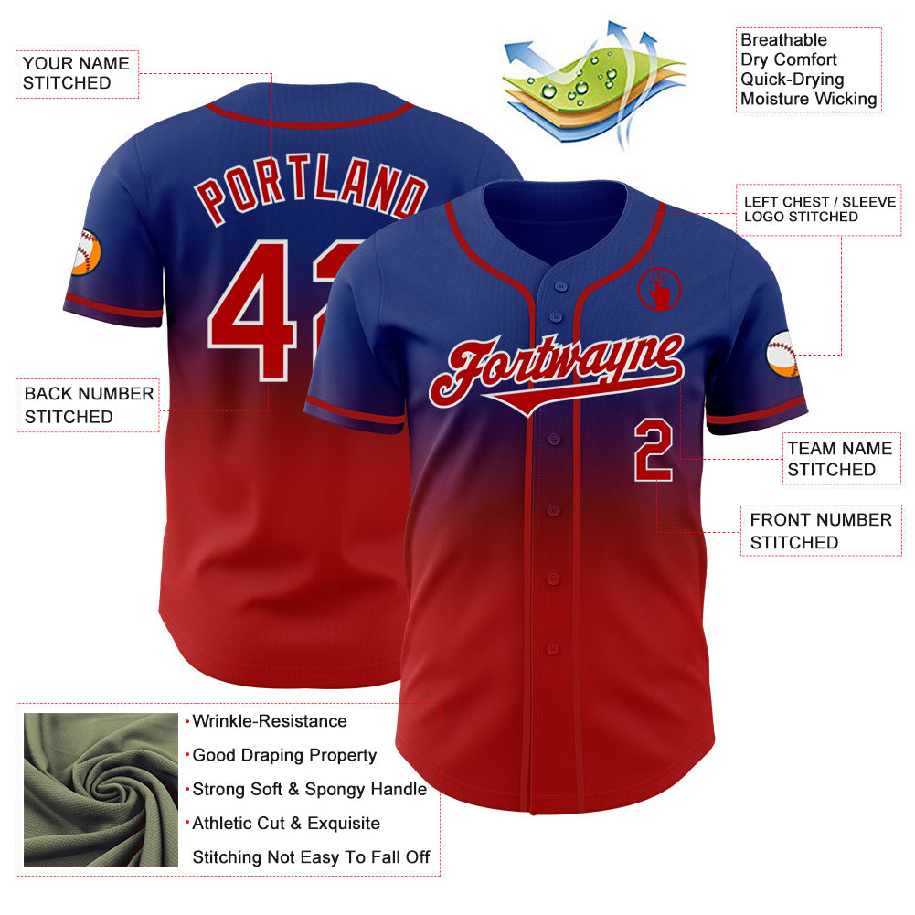 Custom Royal Red-White Authentic Fade Fashion Baseball Jersey