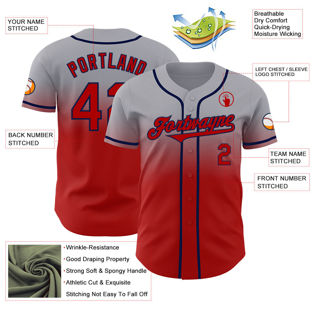 Custom Gray Red-Navy Authentic Fade Fashion Baseball Jersey